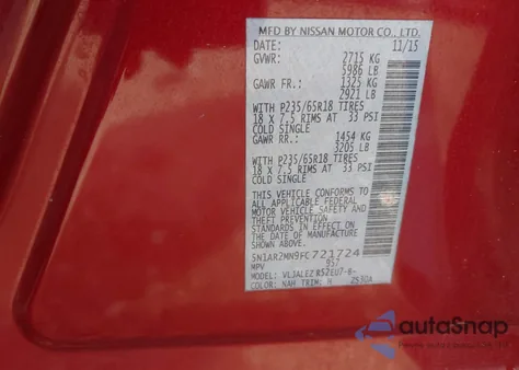 2015 Nissan Pathfinder Sv z USA, uszkodzony, nr VIN 5N1AR2MN9FC721724